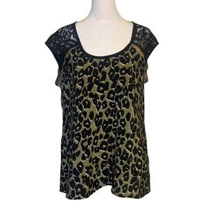 Nanette Lepore black & green leopard print silk top size M